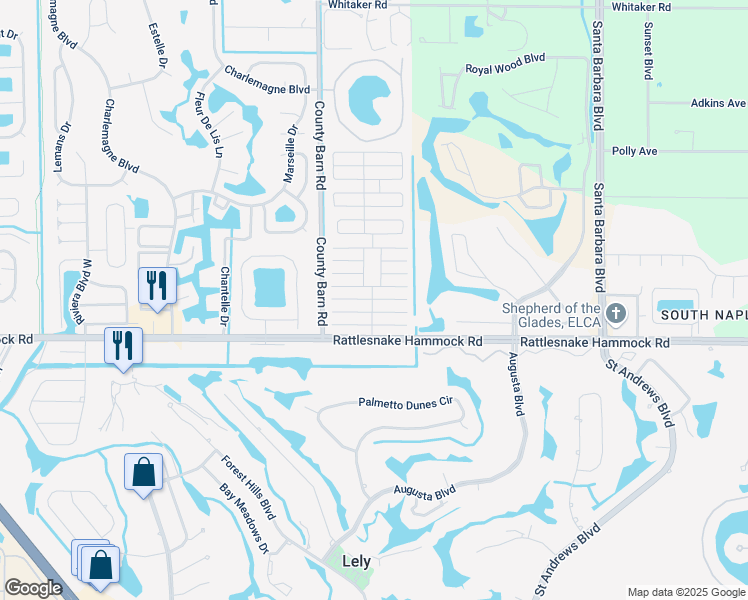 map of restaurants, bars, coffee shops, grocery stores, and more near 99 Cottonwood Lane in Naples