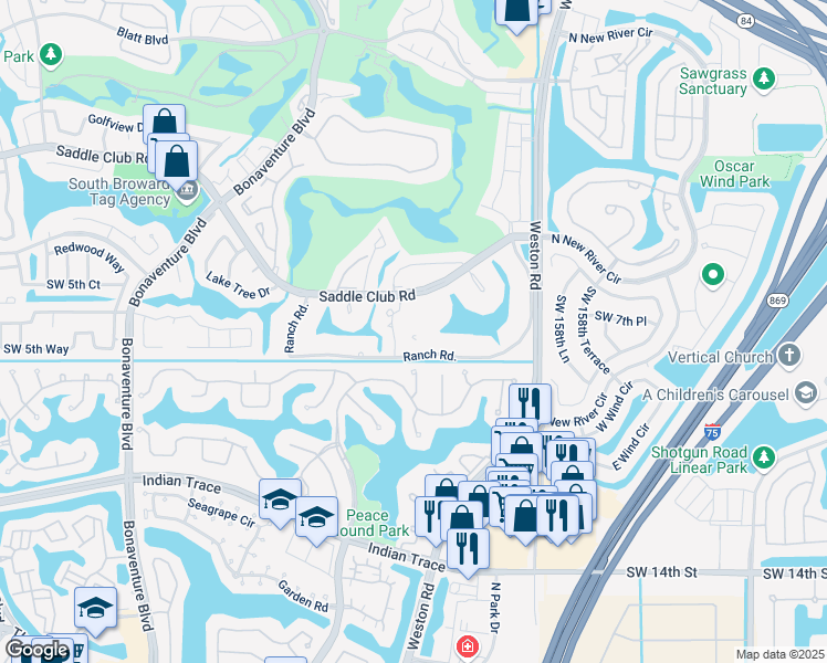 map of restaurants, bars, coffee shops, grocery stores, and more near 601 Ranch Road in Weston