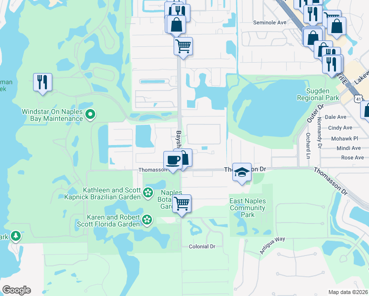 map of restaurants, bars, coffee shops, grocery stores, and more near 4531 Botanical Place Circle in Naples