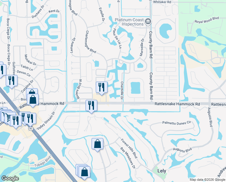 map of restaurants, bars, coffee shops, grocery stores, and more near 4640 Chantelle Drive in Naples