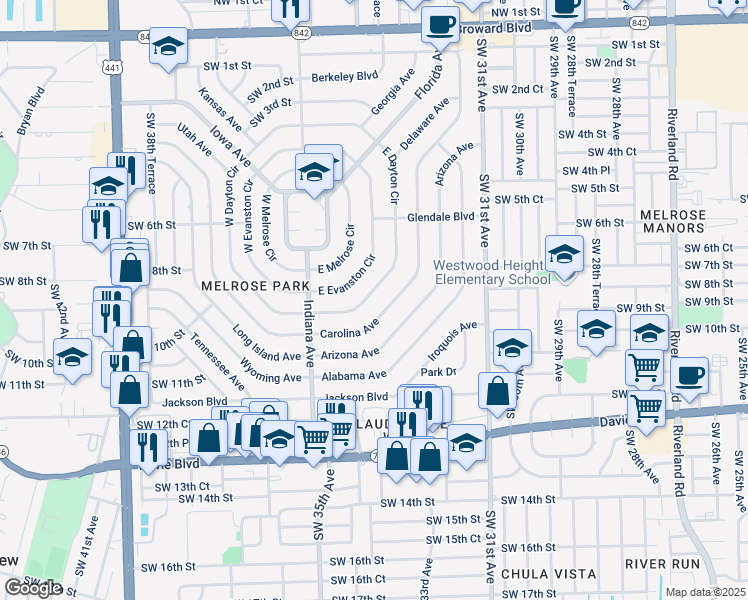 map of restaurants, bars, coffee shops, grocery stores, and more near 850 East Dayton Circle in Fort Lauderdale