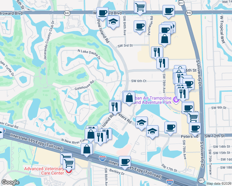 map of restaurants, bars, coffee shops, grocery stores, and more near 841 Southwest 87th Terrace in Plantation