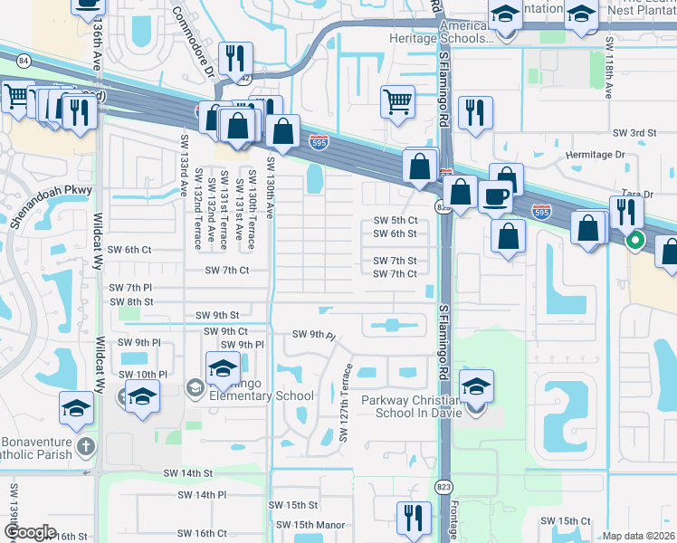 map of restaurants, bars, coffee shops, grocery stores, and more near 14 Ivy Lane in Davie