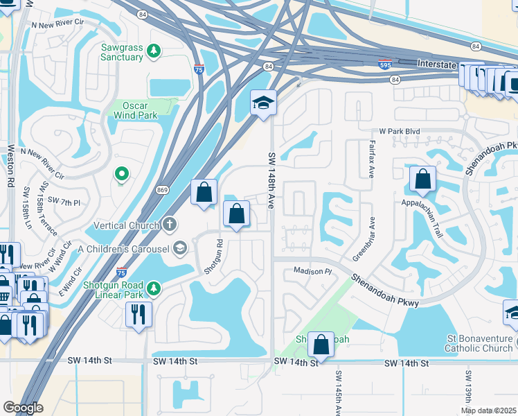 map of restaurants, bars, coffee shops, grocery stores, and more near 715 Southwest 148th Avenue in Davie