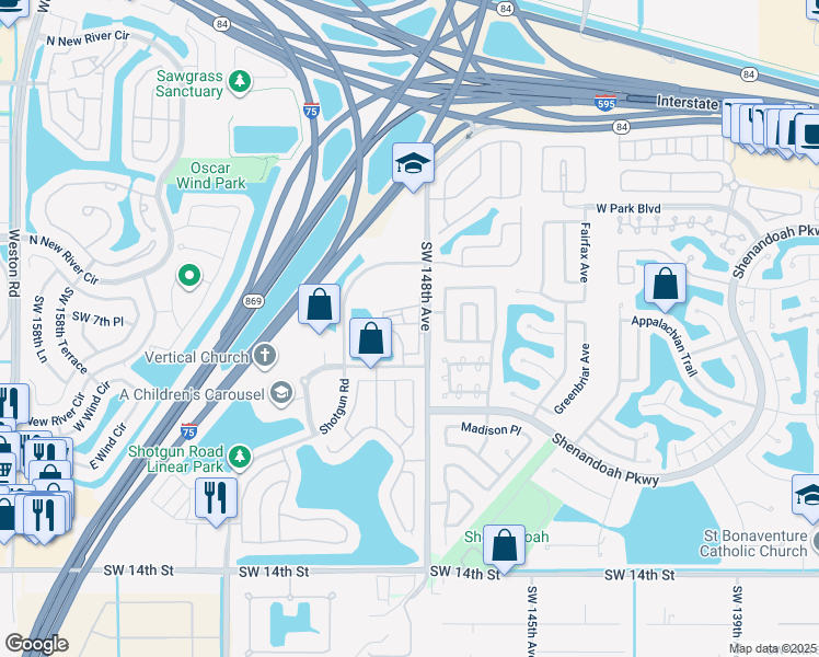 map of restaurants, bars, coffee shops, grocery stores, and more near 735 Southwest 148th Avenue in Davie