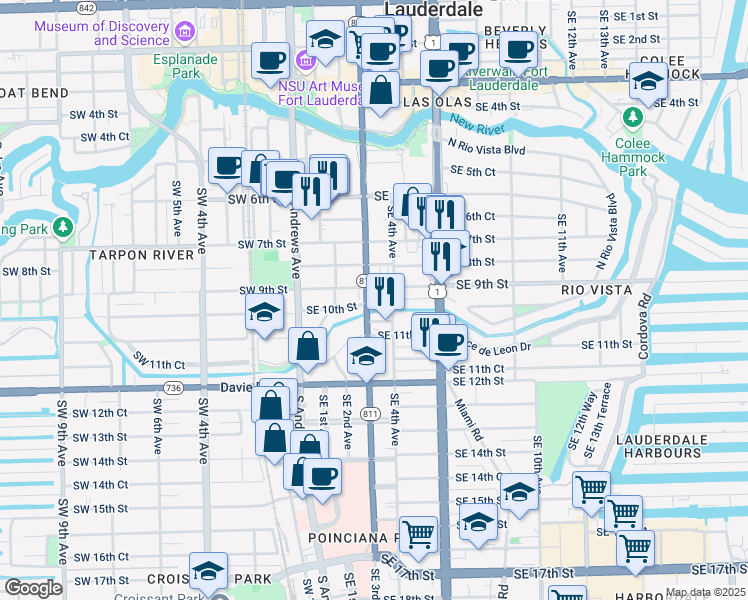 map of restaurants, bars, coffee shops, grocery stores, and more near 222 Southeast 10th Street in Fort Lauderdale