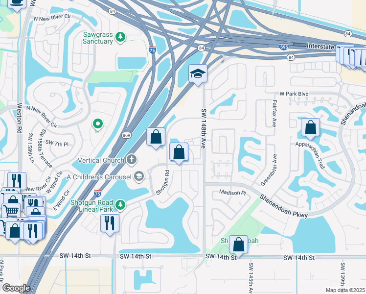 map of restaurants, bars, coffee shops, grocery stores, and more near 715 Southwest 148th Avenue in Davie