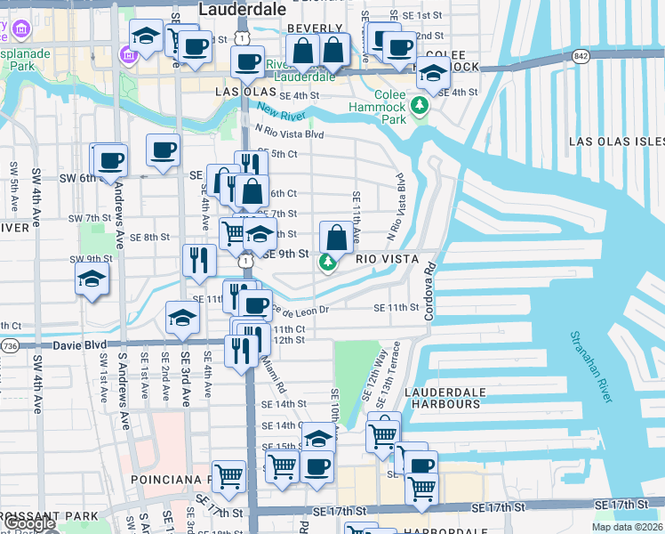 map of restaurants, bars, coffee shops, grocery stores, and more near 921 Southeast 10th Street in Fort Lauderdale