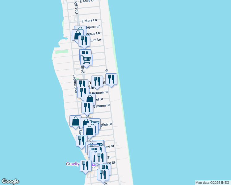 map of restaurants, bars, coffee shops, grocery stores, and more near 3516 Gulf Boulevard in South Padre Island