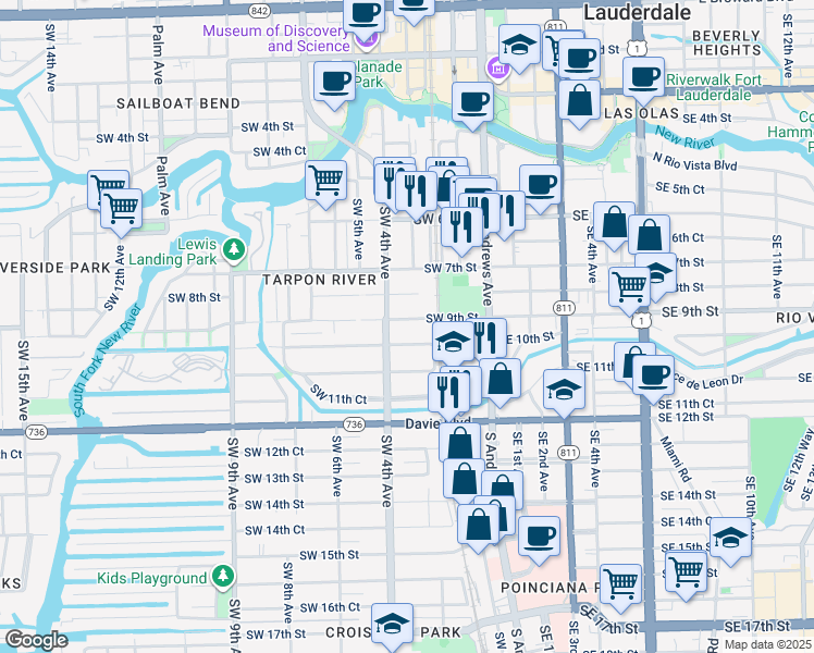 map of restaurants, bars, coffee shops, grocery stores, and more near 309 Southwest 10th Street in Fort Lauderdale