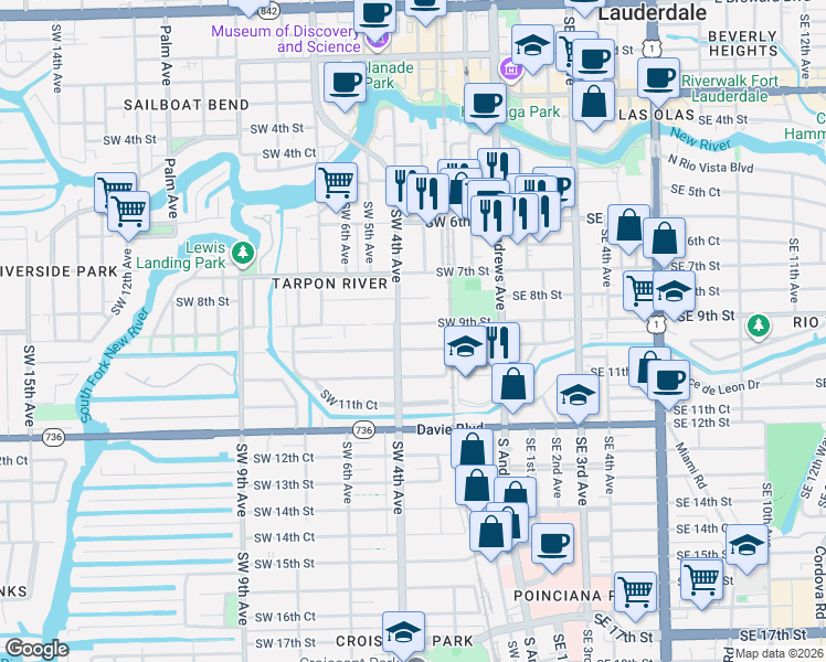 map of restaurants, bars, coffee shops, grocery stores, and more near 309 Southwest 10th Street in Fort Lauderdale