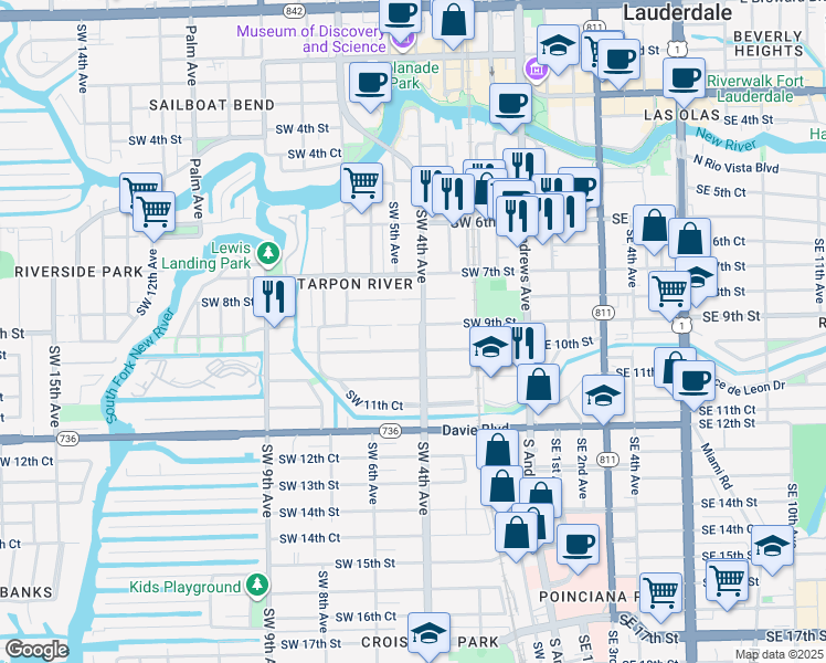 map of restaurants, bars, coffee shops, grocery stores, and more near 417 Southwest 10th Street in Fort Lauderdale