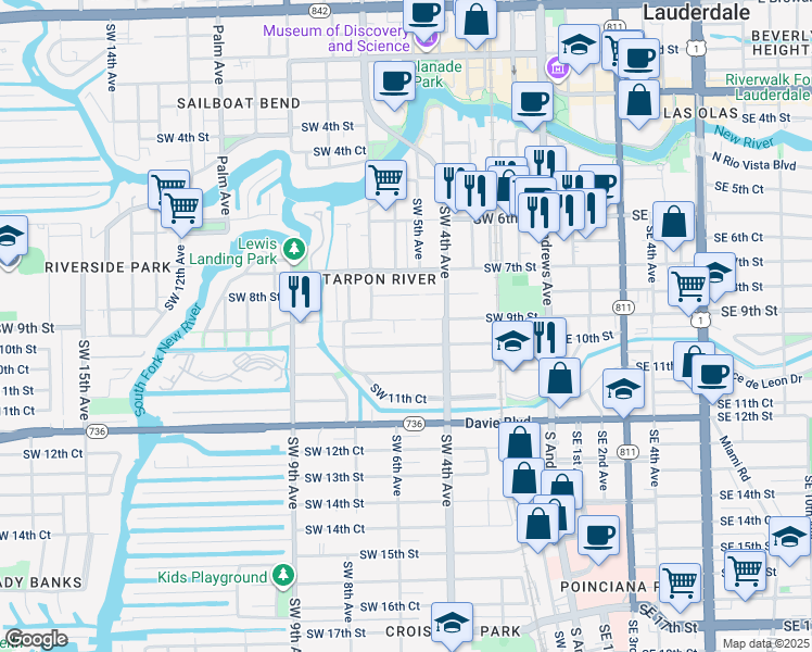 map of restaurants, bars, coffee shops, grocery stores, and more near 605 Southwest 10th Street in Fort Lauderdale
