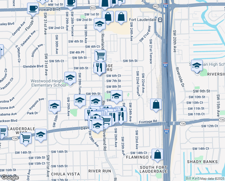 map of restaurants, bars, coffee shops, grocery stores, and more near 2627 Southwest 9th Street in Fort Lauderdale