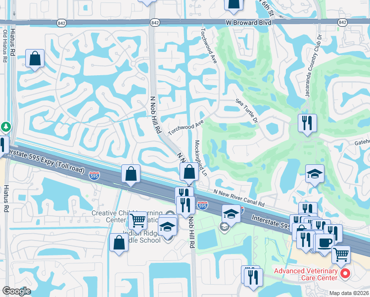 map of restaurants, bars, coffee shops, grocery stores, and more near 600-694 South Nob Hill Road in Plantation
