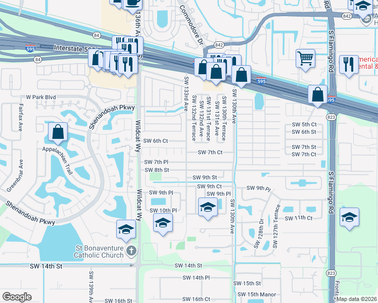 map of restaurants, bars, coffee shops, grocery stores, and more near 740 Southwest 133rd Terrace in Davie