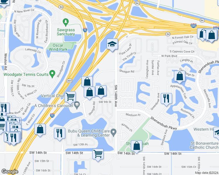 map of restaurants, bars, coffee shops, grocery stores, and more near 715 Southwest 148th Avenue in Davie