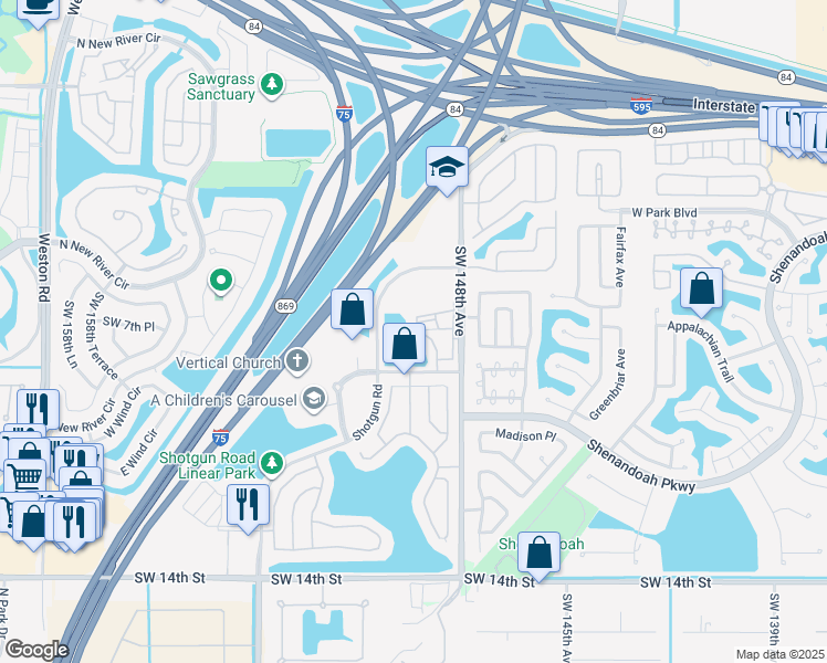 map of restaurants, bars, coffee shops, grocery stores, and more near 715 Southwest 148th Avenue in Davie