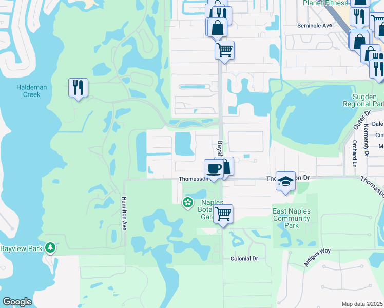 map of restaurants, bars, coffee shops, grocery stores, and more near 4580 Bayshore Drive in Naples