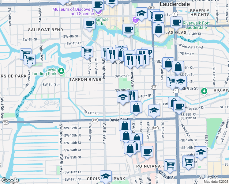 map of restaurants, bars, coffee shops, grocery stores, and more near 115 Southwest 10th Street in Fort Lauderdale
