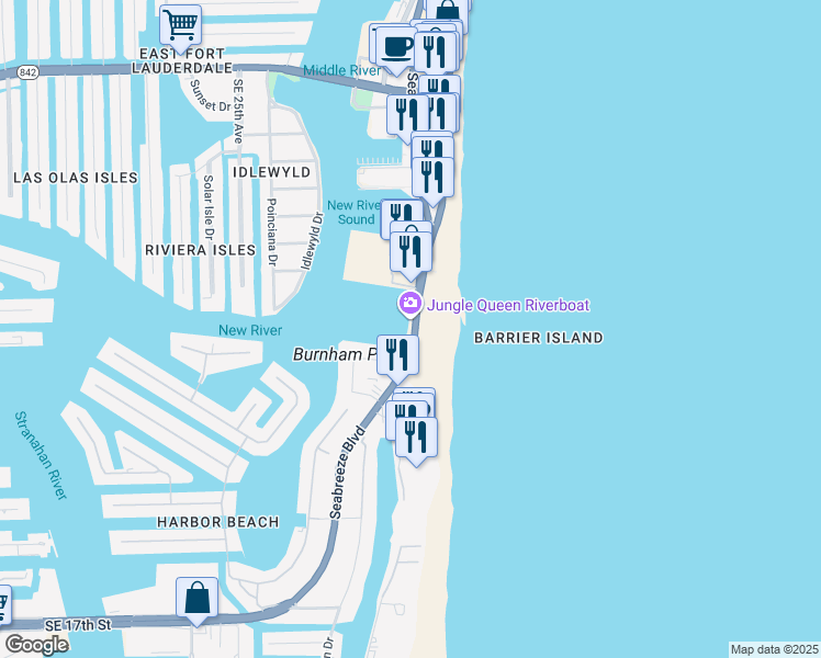 map of restaurants, bars, coffee shops, grocery stores, and more near 1001 Seabreeze Boulevard in Fort Lauderdale