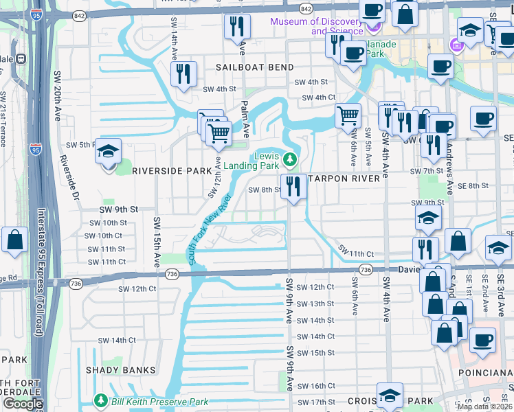 map of restaurants, bars, coffee shops, grocery stores, and more near 1050 Southwest 9th Street in Fort Lauderdale