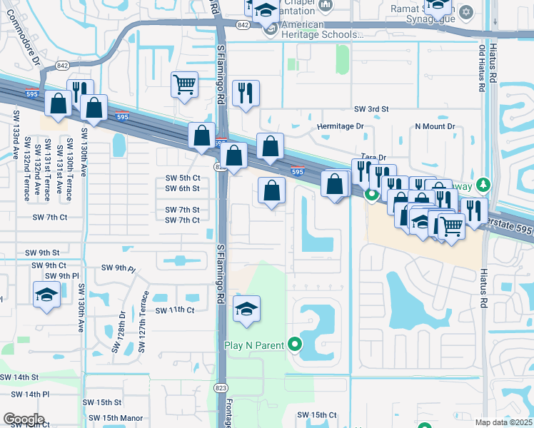 map of restaurants, bars, coffee shops, grocery stores, and more near 12260 Village Place in Davie