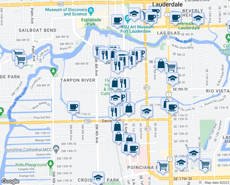 map of restaurants, bars, coffee shops, grocery stores, and more near 115 Southwest 10th Street in Fort Lauderdale