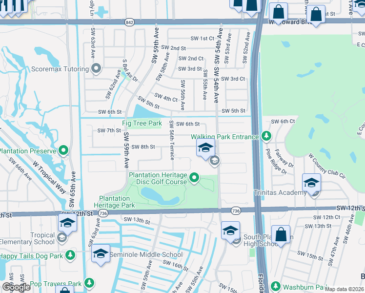 map of restaurants, bars, coffee shops, grocery stores, and more near 5611 Southwest 8th Court in Plantation