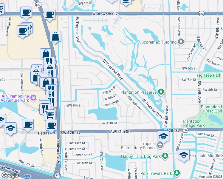map of restaurants, bars, coffee shops, grocery stores, and more near 6950 Southwest 8th Street in Plantation