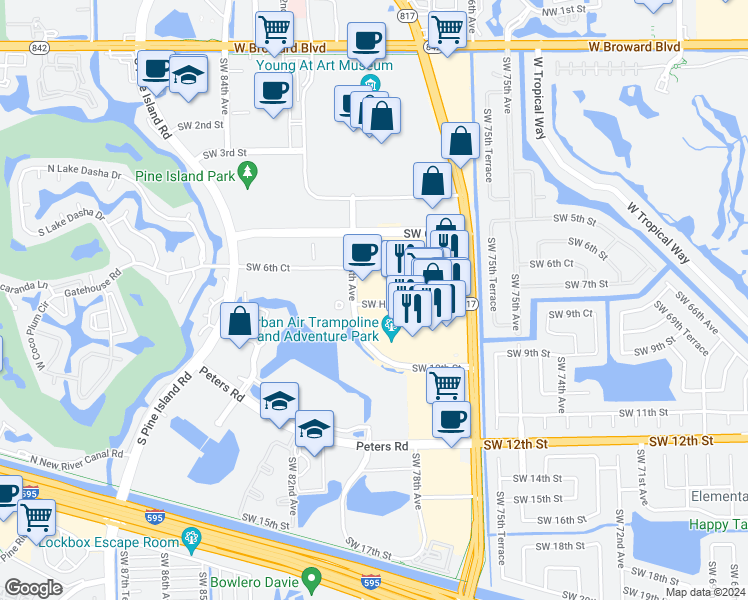 map of restaurants, bars, coffee shops, grocery stores, and more near 817 South University Drive in Plantation