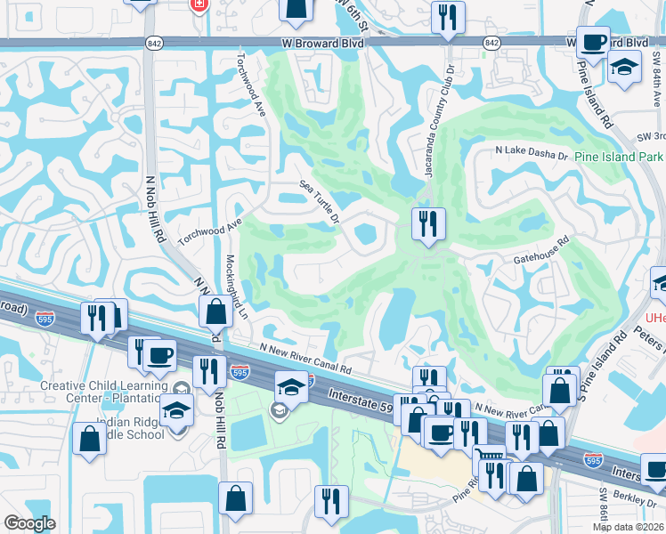 map of restaurants, bars, coffee shops, grocery stores, and more near 720 Conchshell Place in Plantation