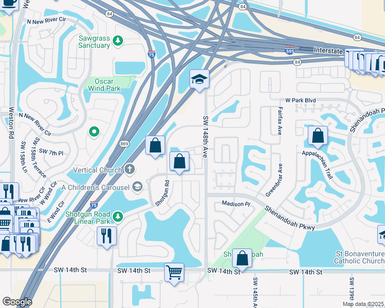 map of restaurants, bars, coffee shops, grocery stores, and more near 715 Southwest 148th Avenue in Davie