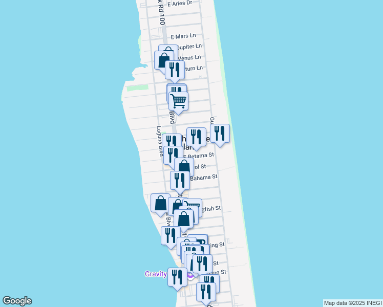 map of restaurants, bars, coffee shops, grocery stores, and more near 3508 Padre Boulevard in South Padre Island