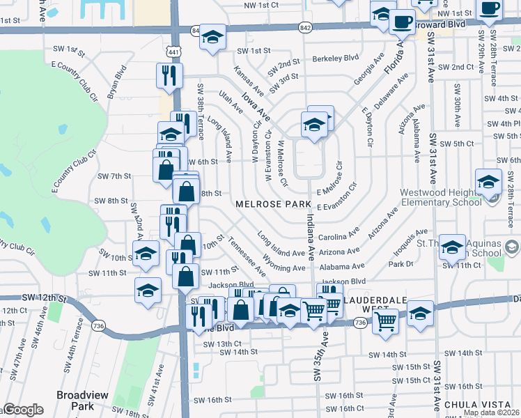 map of restaurants, bars, coffee shops, grocery stores, and more near 836 Pennsylvania Avenue in Fort Lauderdale