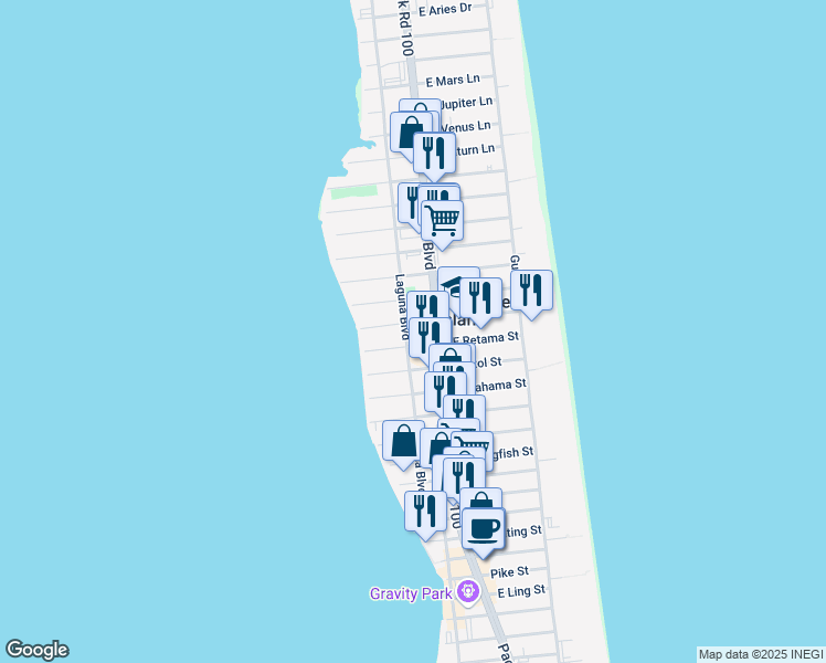 map of restaurants, bars, coffee shops, grocery stores, and more near 109 West Retama Street in South Padre Island