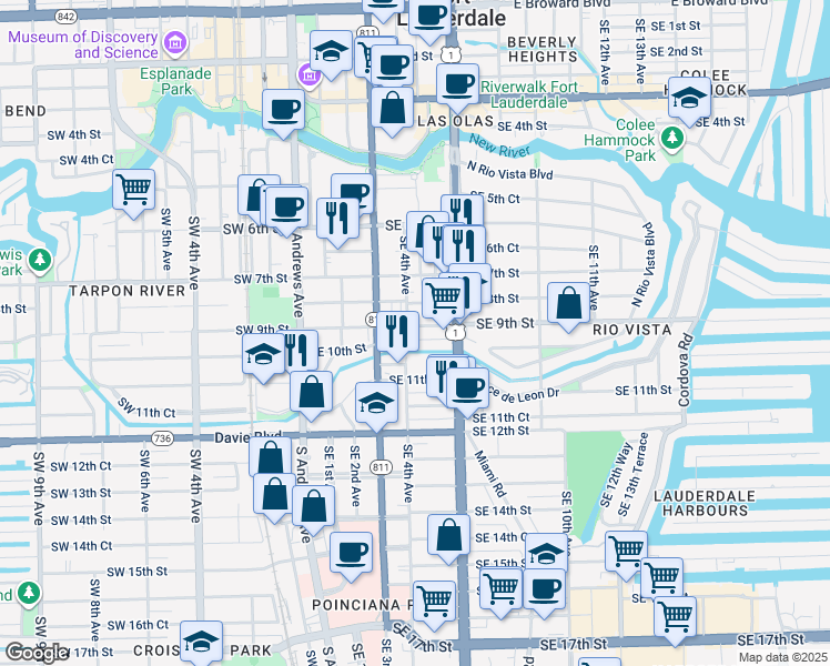 map of restaurants, bars, coffee shops, grocery stores, and more near 400 Southeast 9th Court in Fort Lauderdale