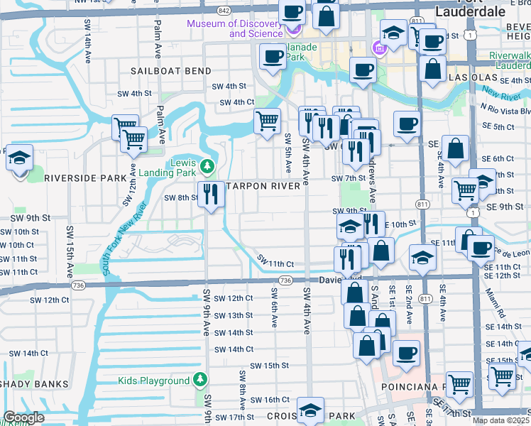 map of restaurants, bars, coffee shops, grocery stores, and more near 605 Southwest 10th Street in Fort Lauderdale