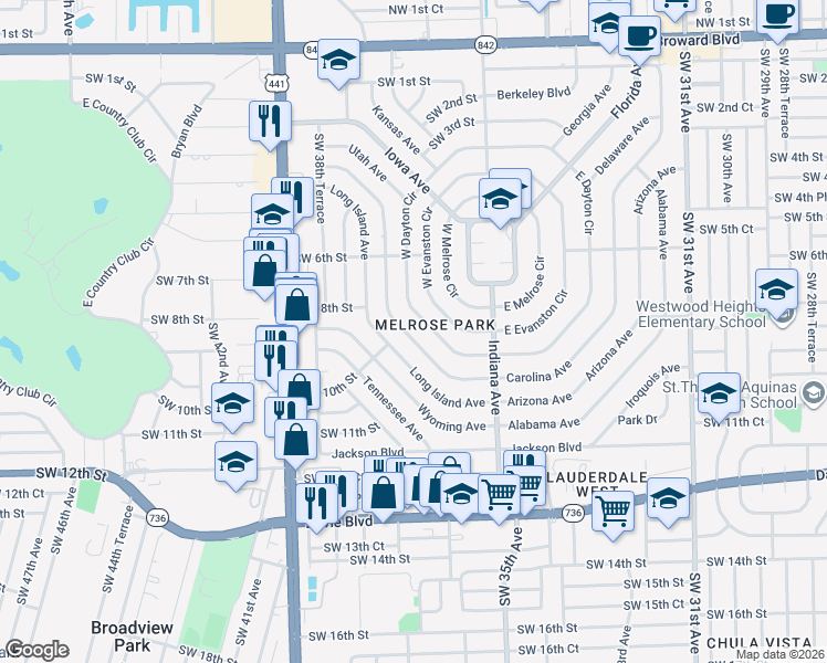 map of restaurants, bars, coffee shops, grocery stores, and more near 836 Pennsylvania Avenue in Fort Lauderdale