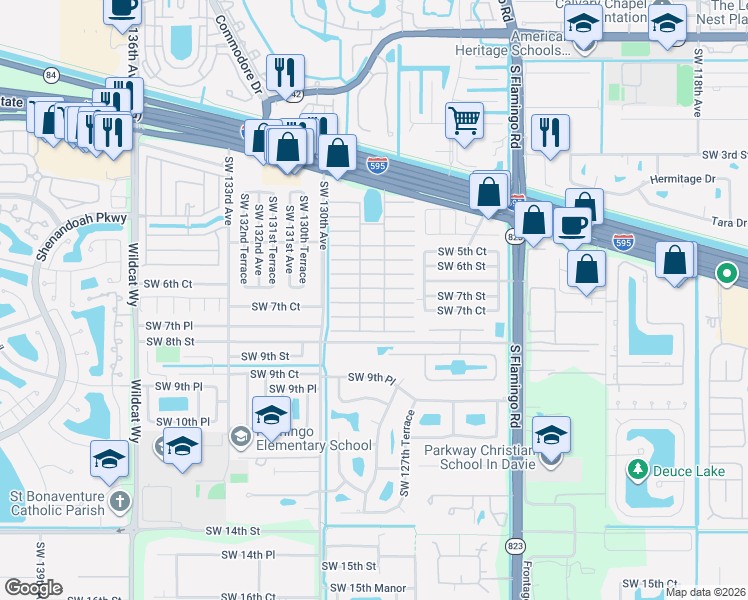 map of restaurants, bars, coffee shops, grocery stores, and more near 36 Ivy Lane in Davie