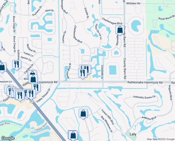 map of restaurants, bars, coffee shops, grocery stores, and more near 326 Charlemagne Boulevard in Naples