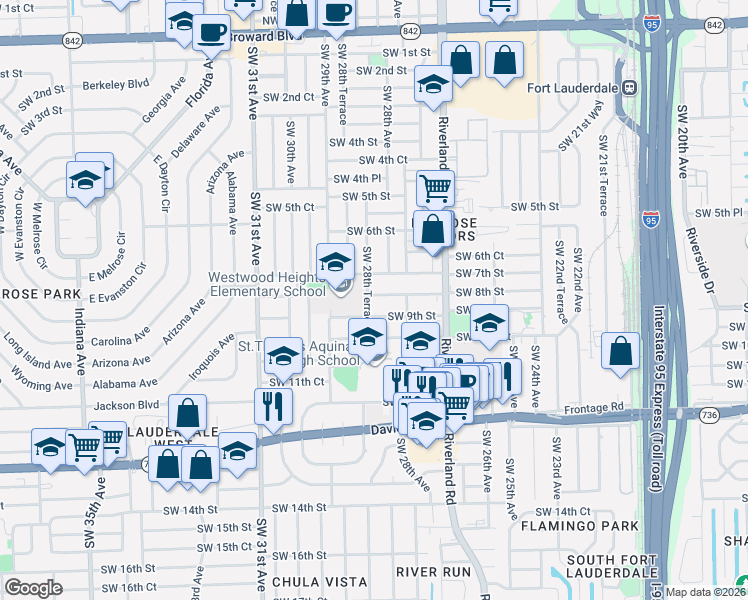 map of restaurants, bars, coffee shops, grocery stores, and more near 2850 Southwest 8th Street in Fort Lauderdale