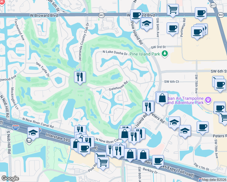 map of restaurants, bars, coffee shops, grocery stores, and more near 8940 Jacaranda Lane in Plantation