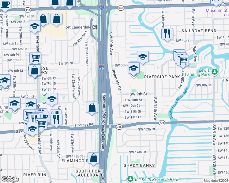 map of restaurants, bars, coffee shops, grocery stores, and more near 889 Riverside Drive in Fort Lauderdale