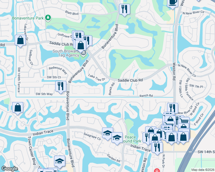map of restaurants, bars, coffee shops, grocery stores, and more near 580 Royal Poinciana Court in Weston