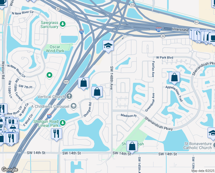 map of restaurants, bars, coffee shops, grocery stores, and more near 715 Southwest 148th Avenue in Davie