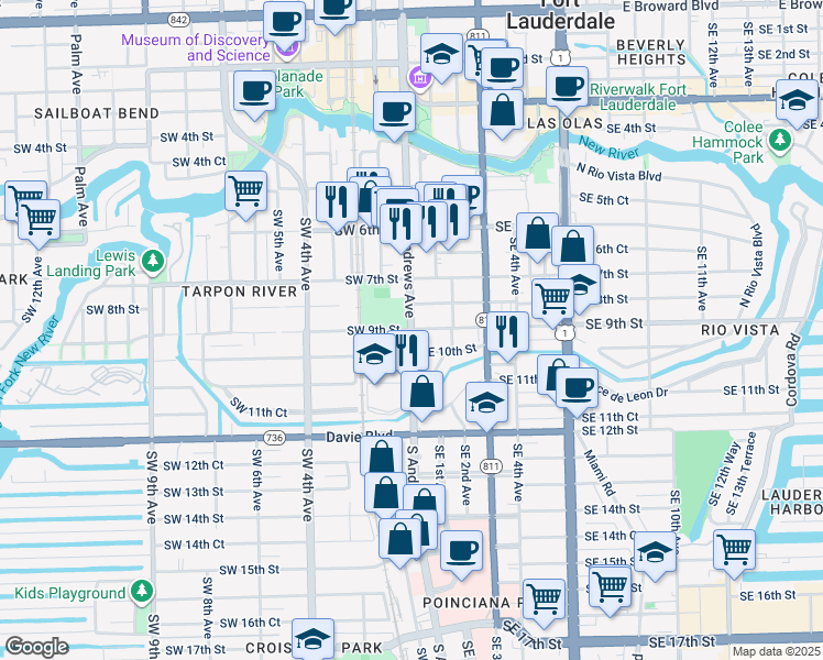 map of restaurants, bars, coffee shops, grocery stores, and more near 9 Southwest 10th Street in Fort Lauderdale