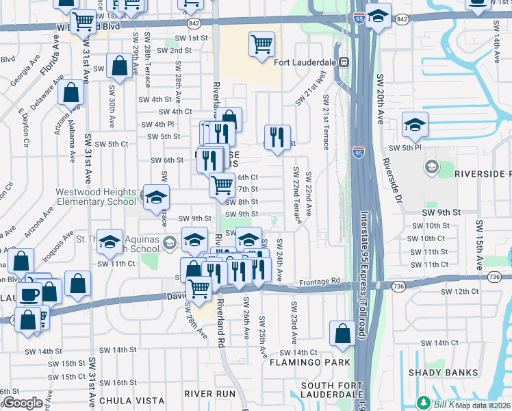 map of restaurants, bars, coffee shops, grocery stores, and more near 2451 Southwest 9th Street in Fort Lauderdale