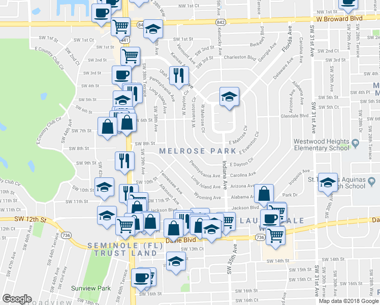 map of restaurants, bars, coffee shops, grocery stores, and more near 836 Pennsylvania Avenue in Fort Lauderdale