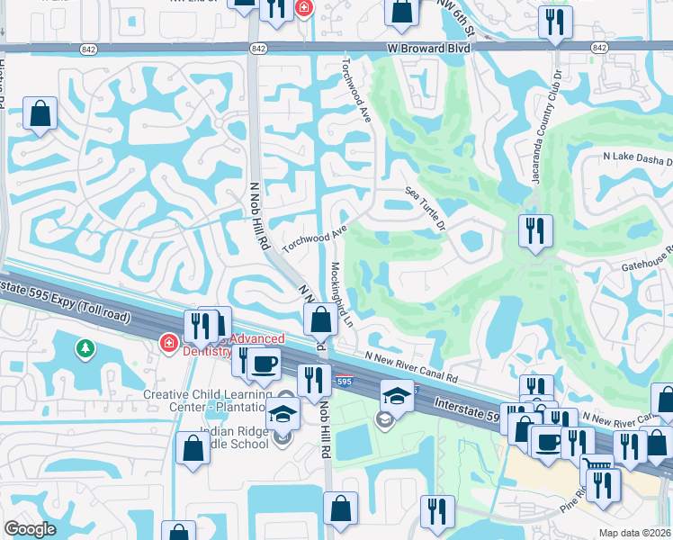 map of restaurants, bars, coffee shops, grocery stores, and more near 811 Mockingbird Lane in Plantation
